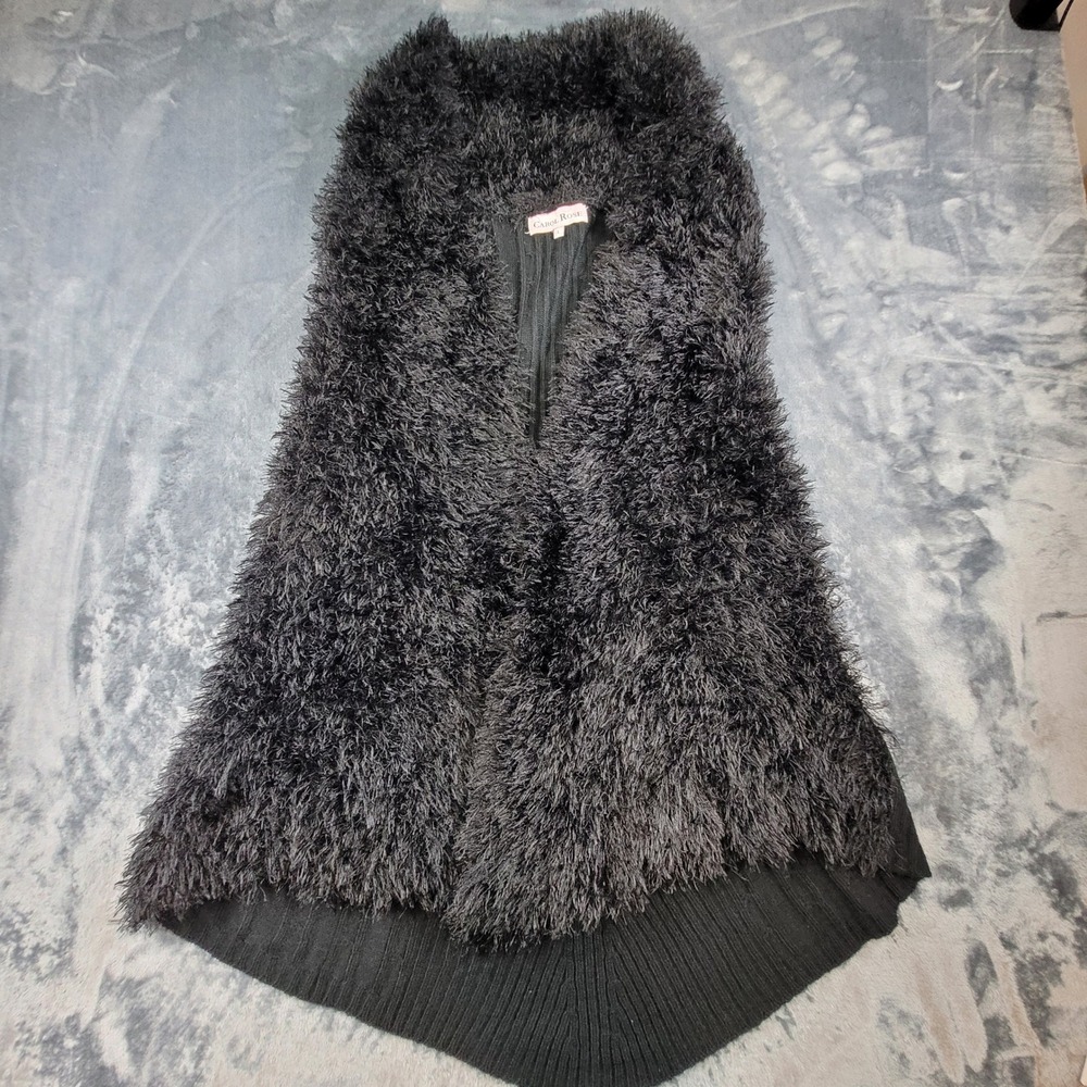 Carol Rose Womens Black Faux Fur Ribbed Knit Open Front Sweater Vest Large